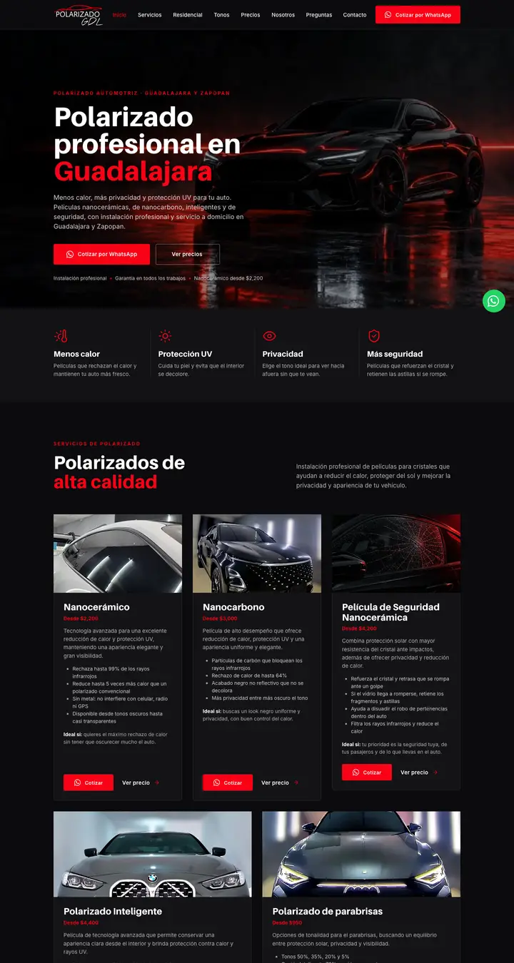 Vista previa del sitio web de Polarizado GDL